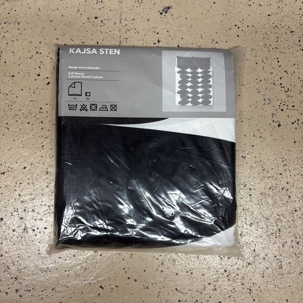Vintage IKEA Kajsa Sten Full Queen Duvet Cover Set Black White Ovals New NIB